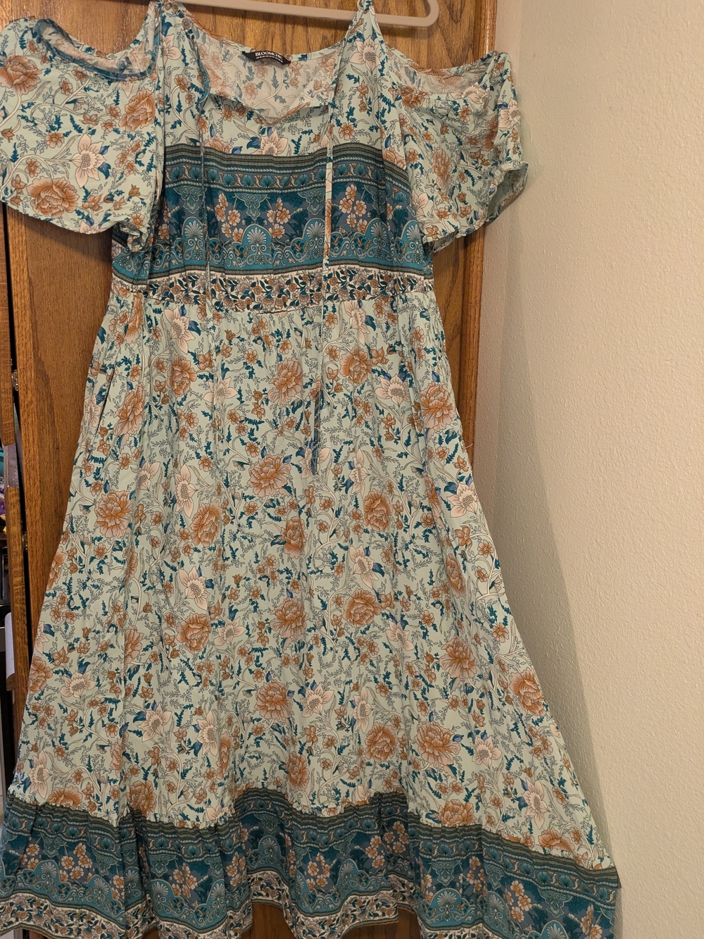 BloomChic Teal and Tan Floral Cold-Shoulder Dress Festival, Cottage Core, Whimsy
